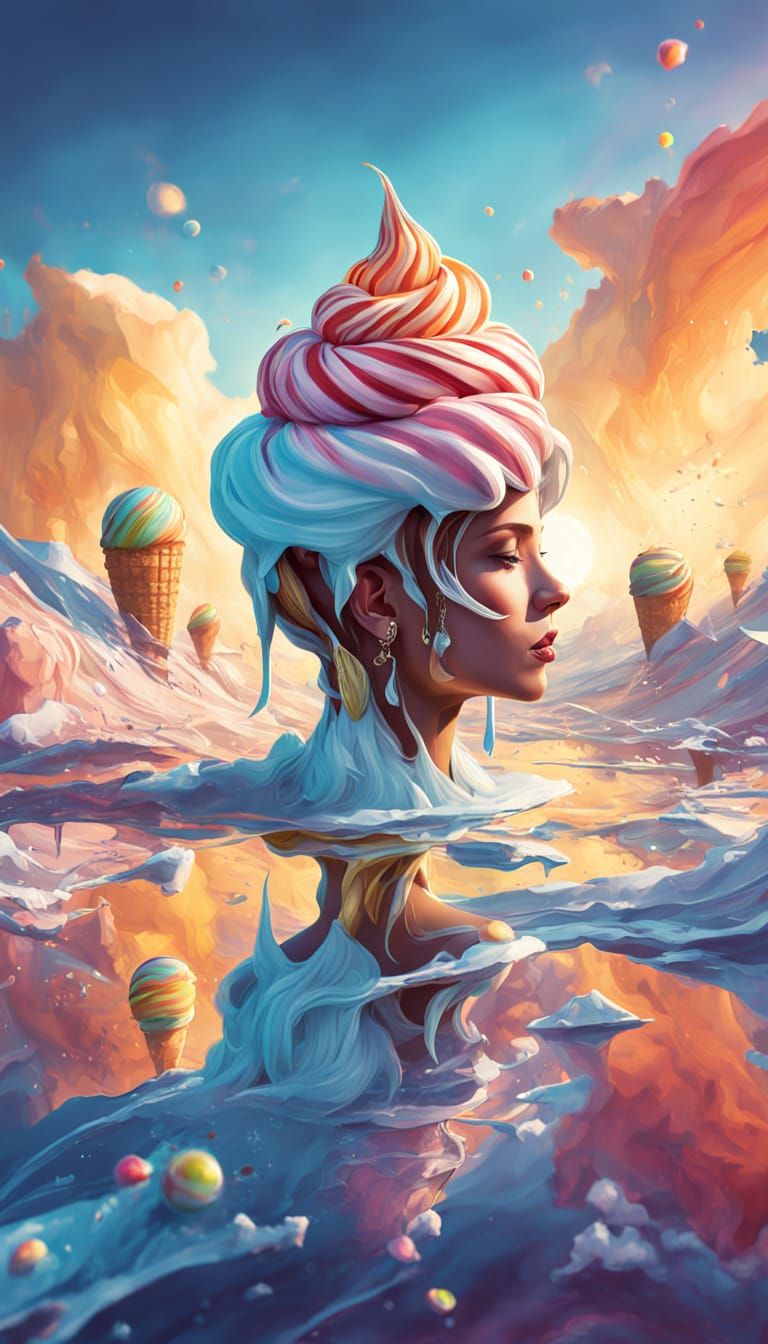 Hyperrealistic Ice Cream Girl in Dreamy Landscape