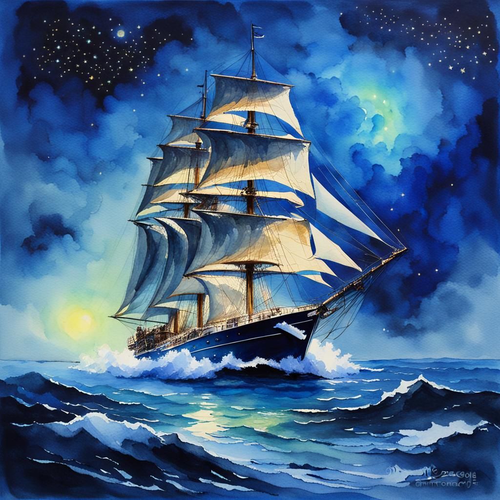 Ultramarine Sailboat at Night: A Maritime Watercolor