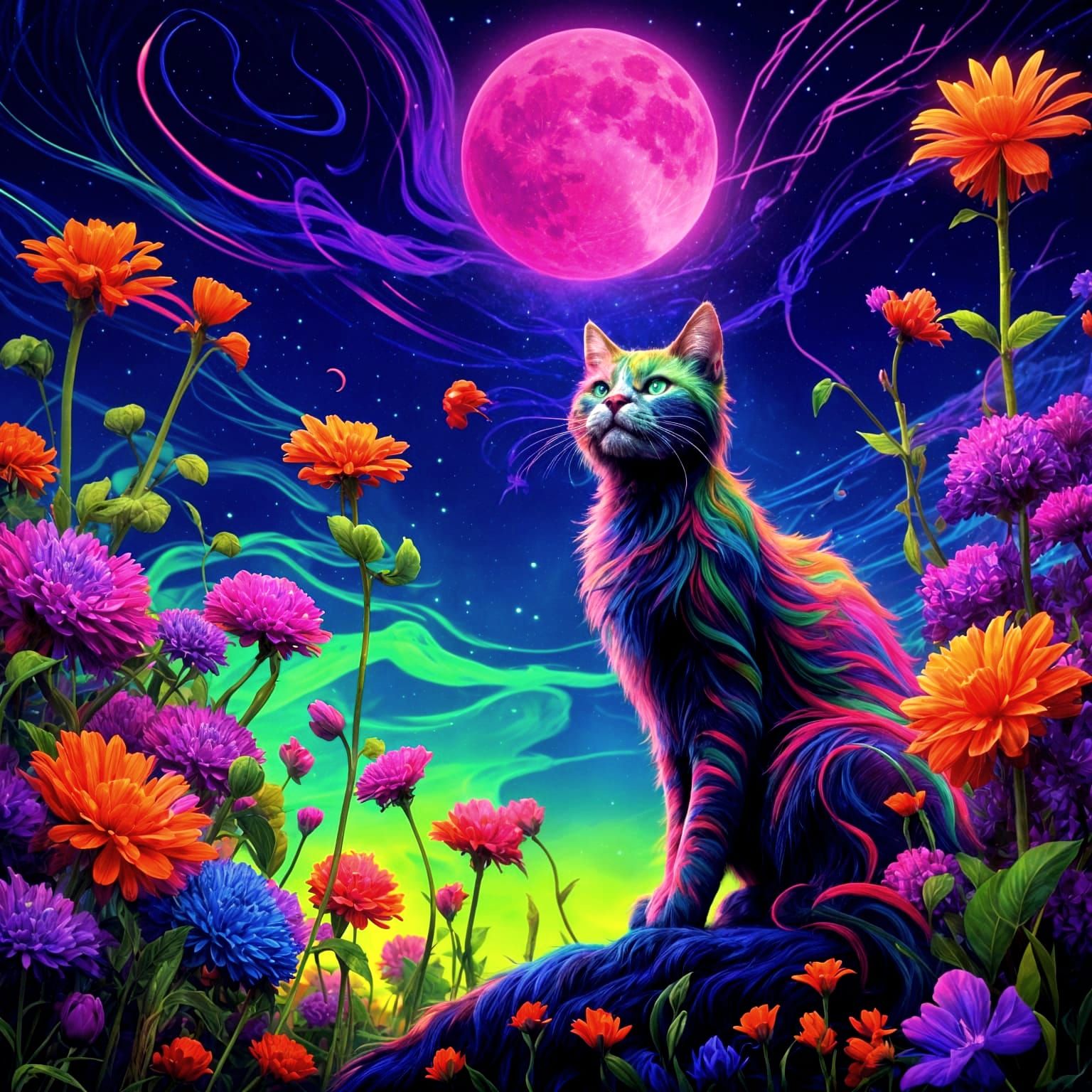 Neon Cat in a Fantasy Flower Garden