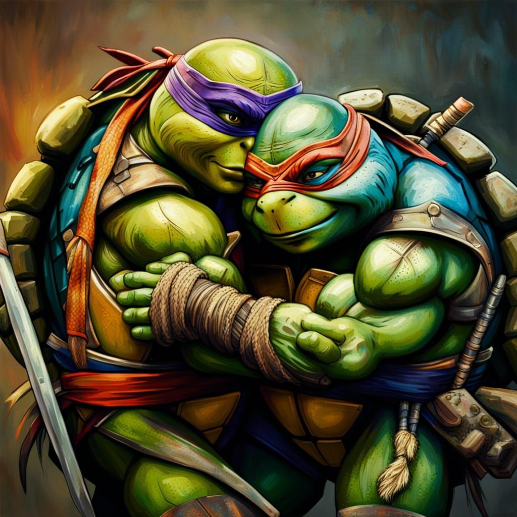 Brotherly Love: TMNT Embrace in Abstract Art Style