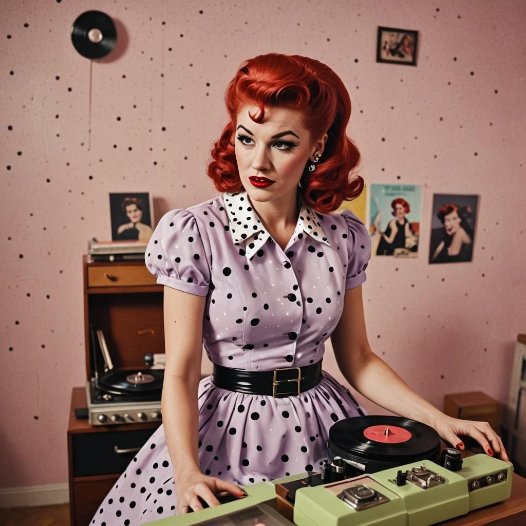Rockabilly Girl's Retro Vinyl Record Nostalgia