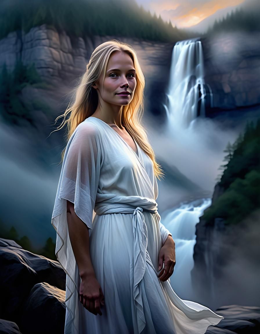 Ethereal Woman by Waterfall in Chiaroscuro Style