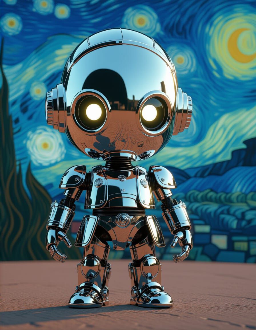 Chibi Go-Bot as Van Gogh in Sci-Fi Style