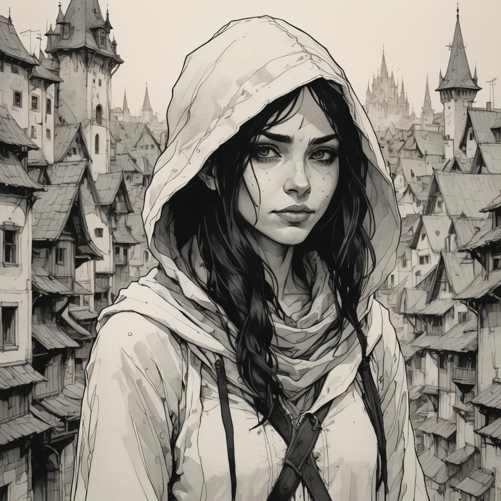 Elven Rogue Ink Portrait in Cityscape