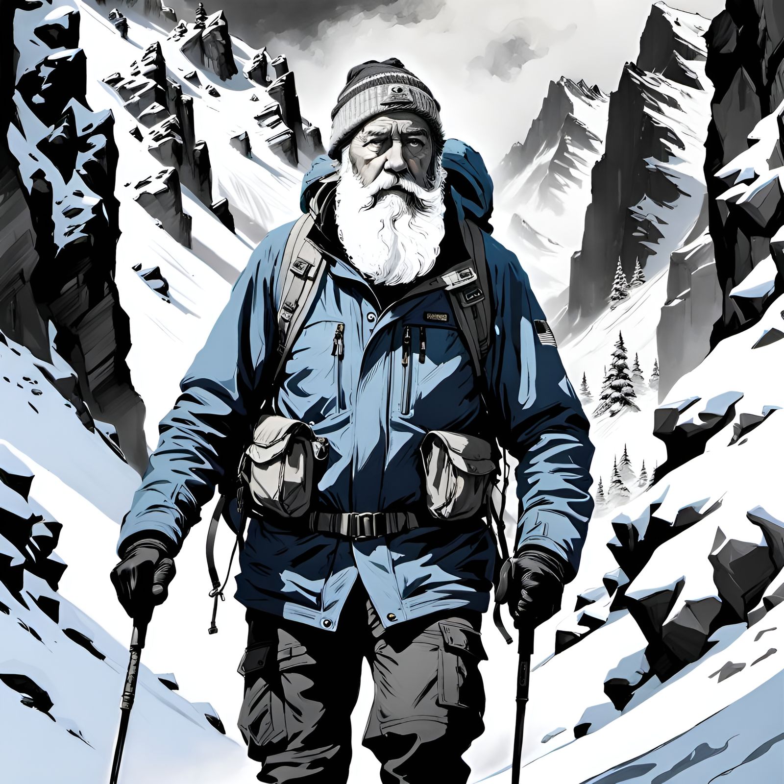 Monochrome Portrait: Old Man Hiking Snowy Mountain