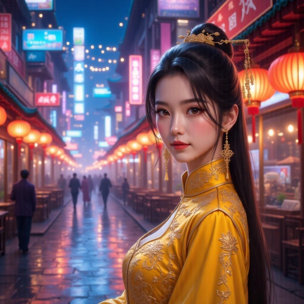 Chinese Woman in Yellow Costume in Taipei Night