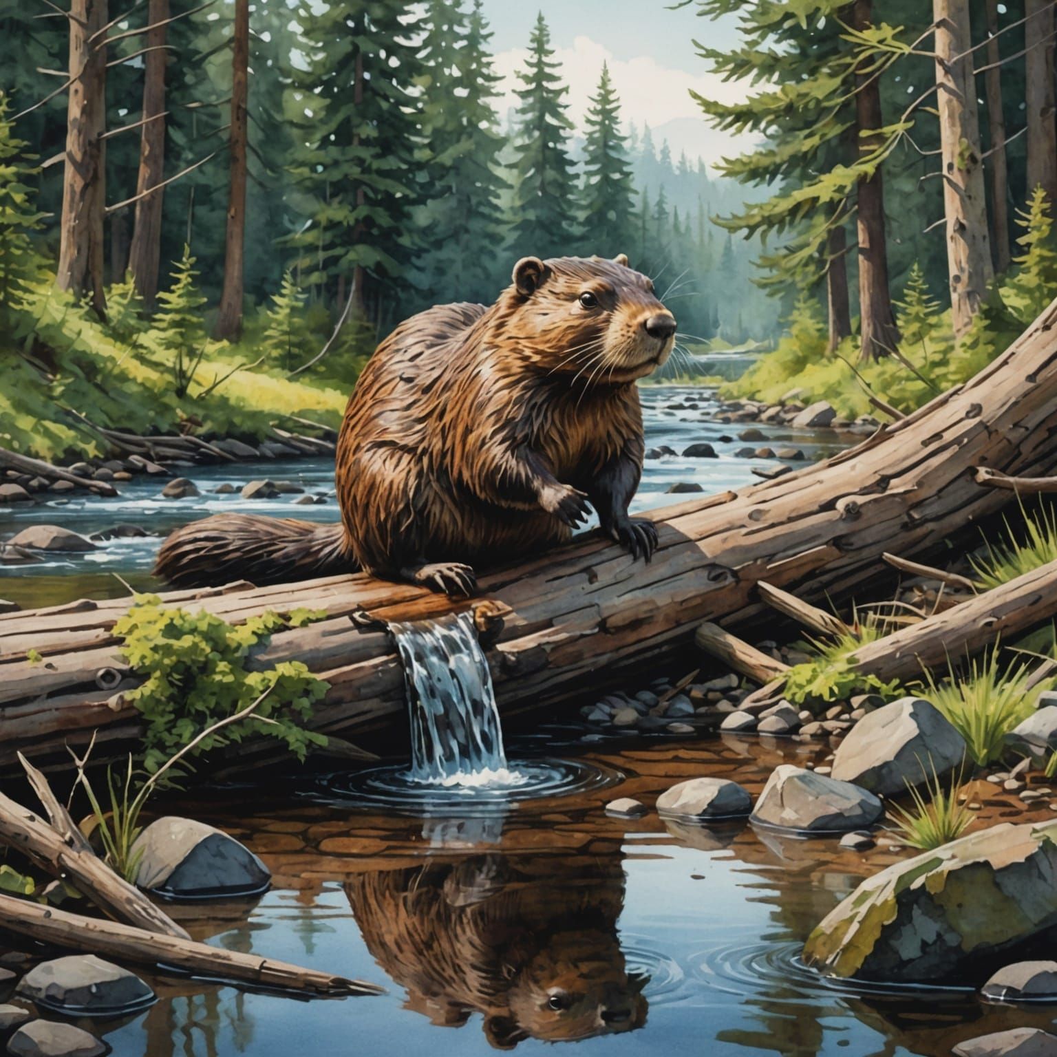 Beaver Crossing Stream in Watercolor Wilderness