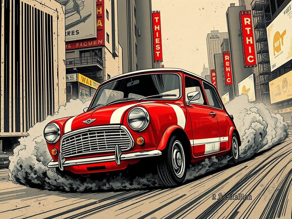 Retro-Futuristic Mini Cooper S Speeds Through a Cyberpunk Ci...