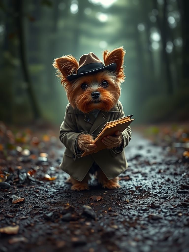 Yorkie Detective Investigates Misty Forest Pawprints