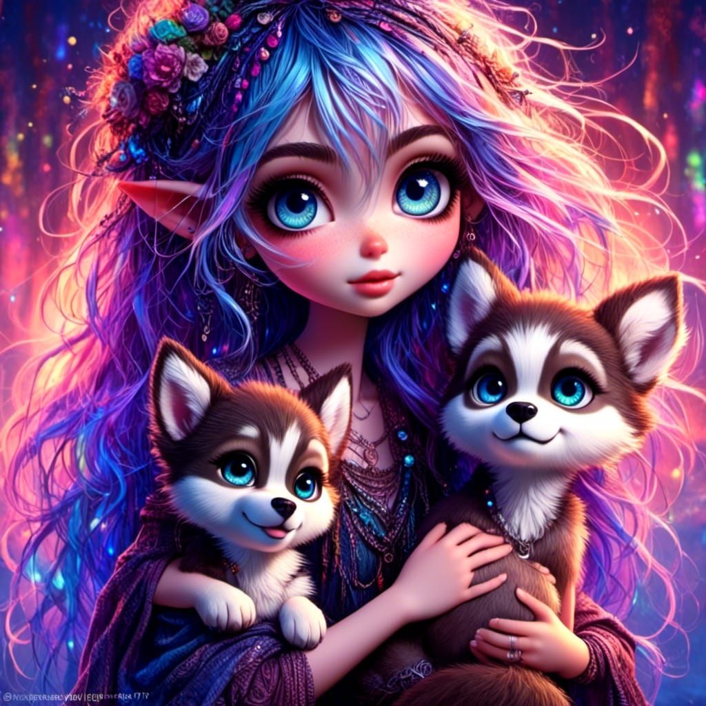 Girl with Husky Puppy Under Aurora Borealis