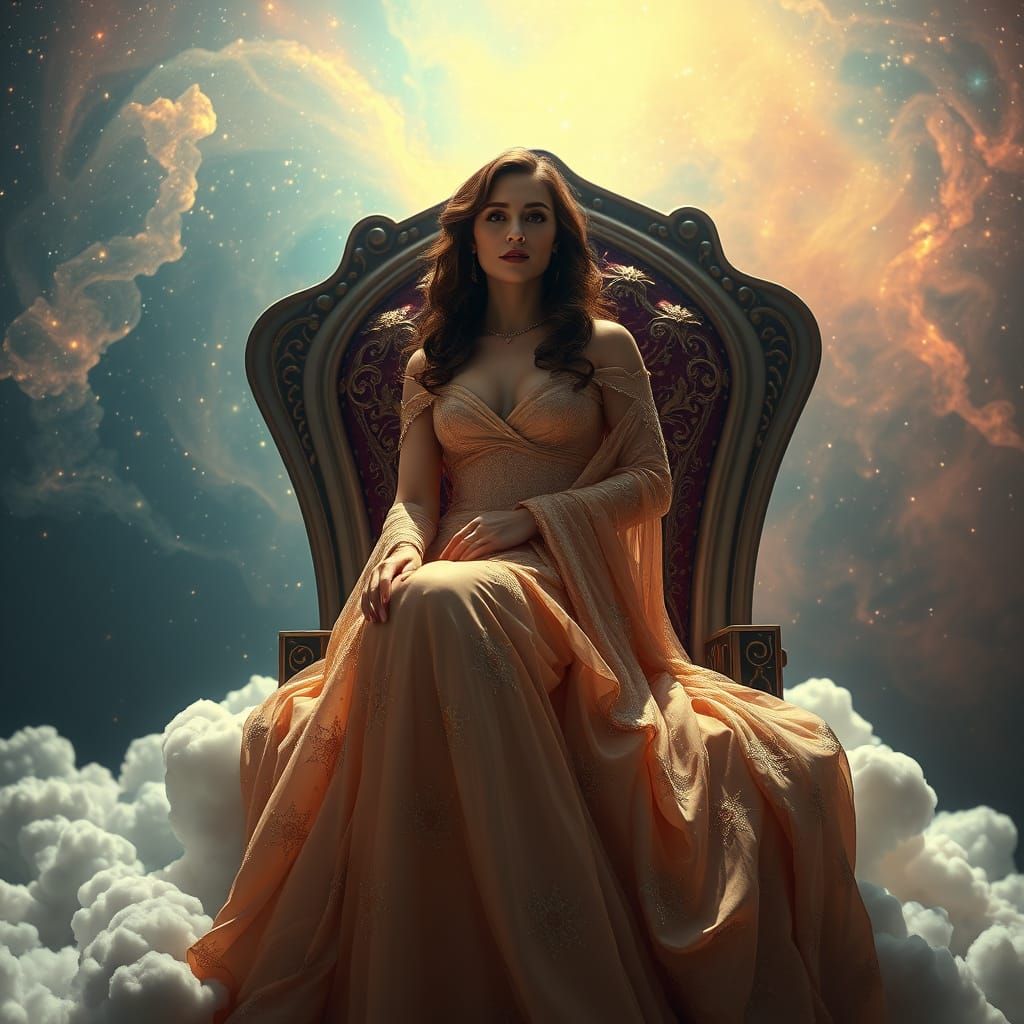 Regal Woman Sits on Throne of Clouds in Starlight Gown