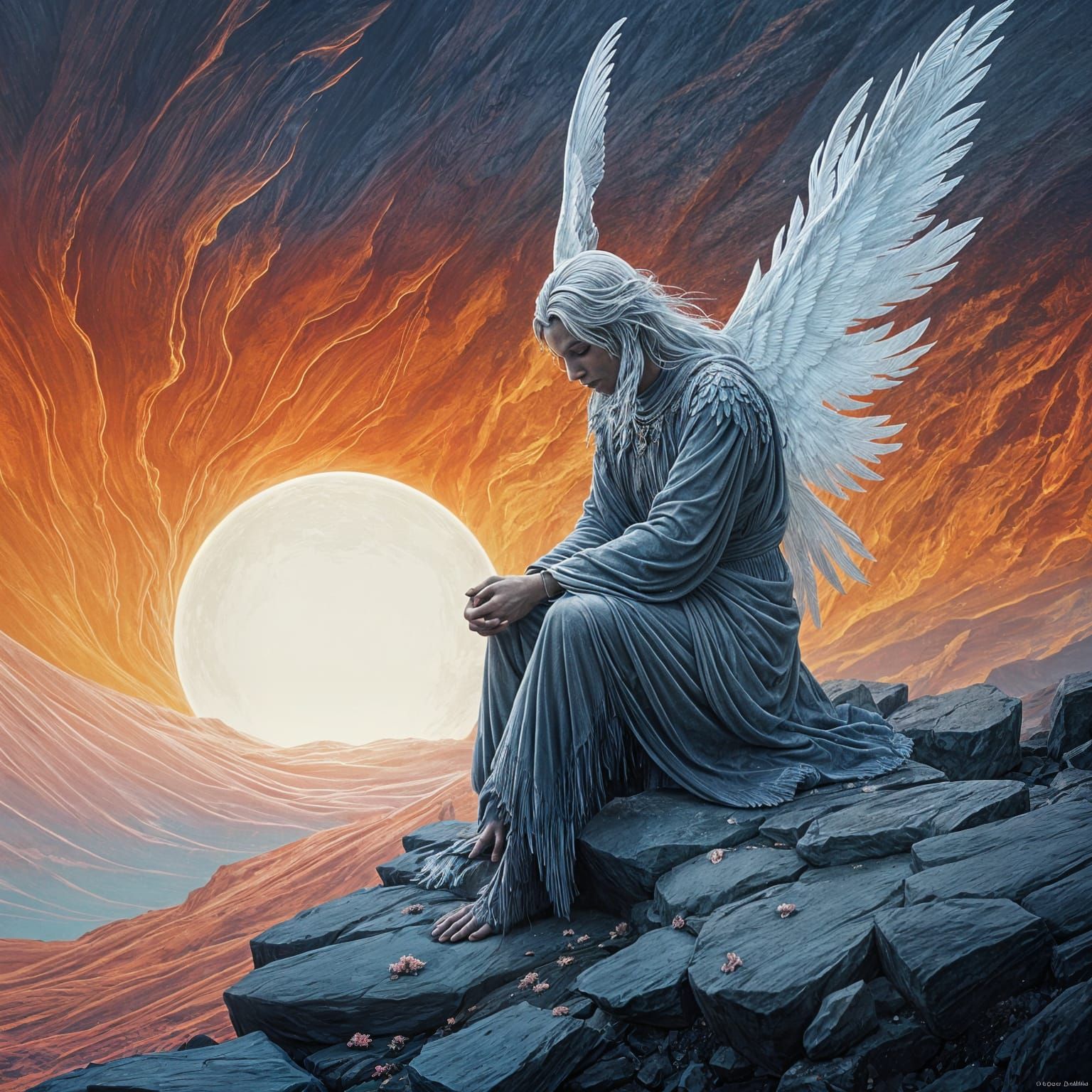 Icy Angel in Burning Lunar Landscape