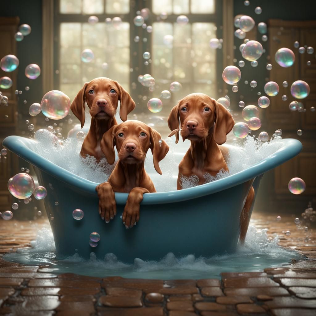 Vizsla Puppies' Bubble Bath: Detailed Fantasy Art