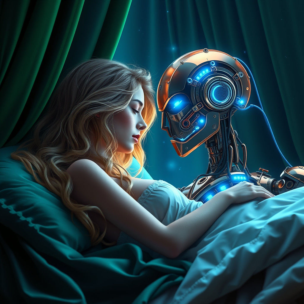 Woman and Robot in Dreamy Sci-Fi Scene