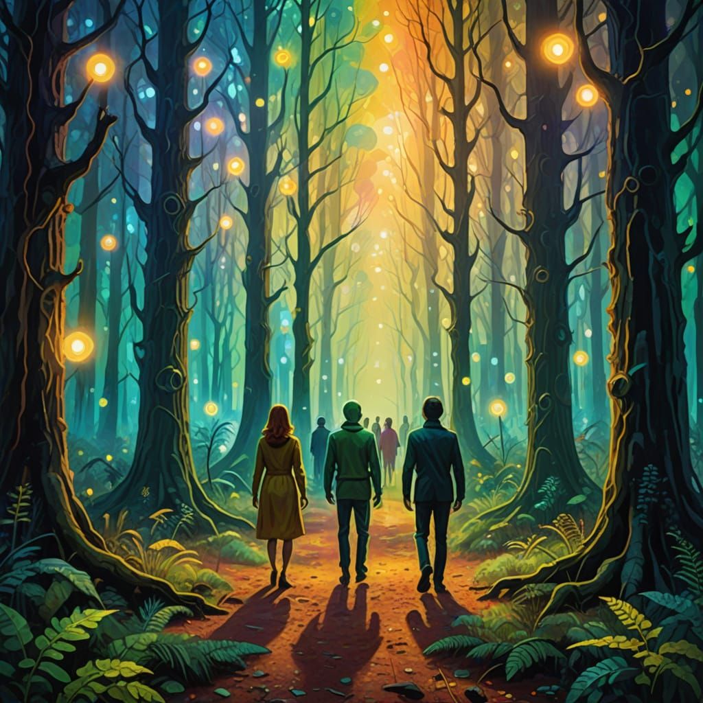 Humans and Aliens Meet in Dreamlike Forest