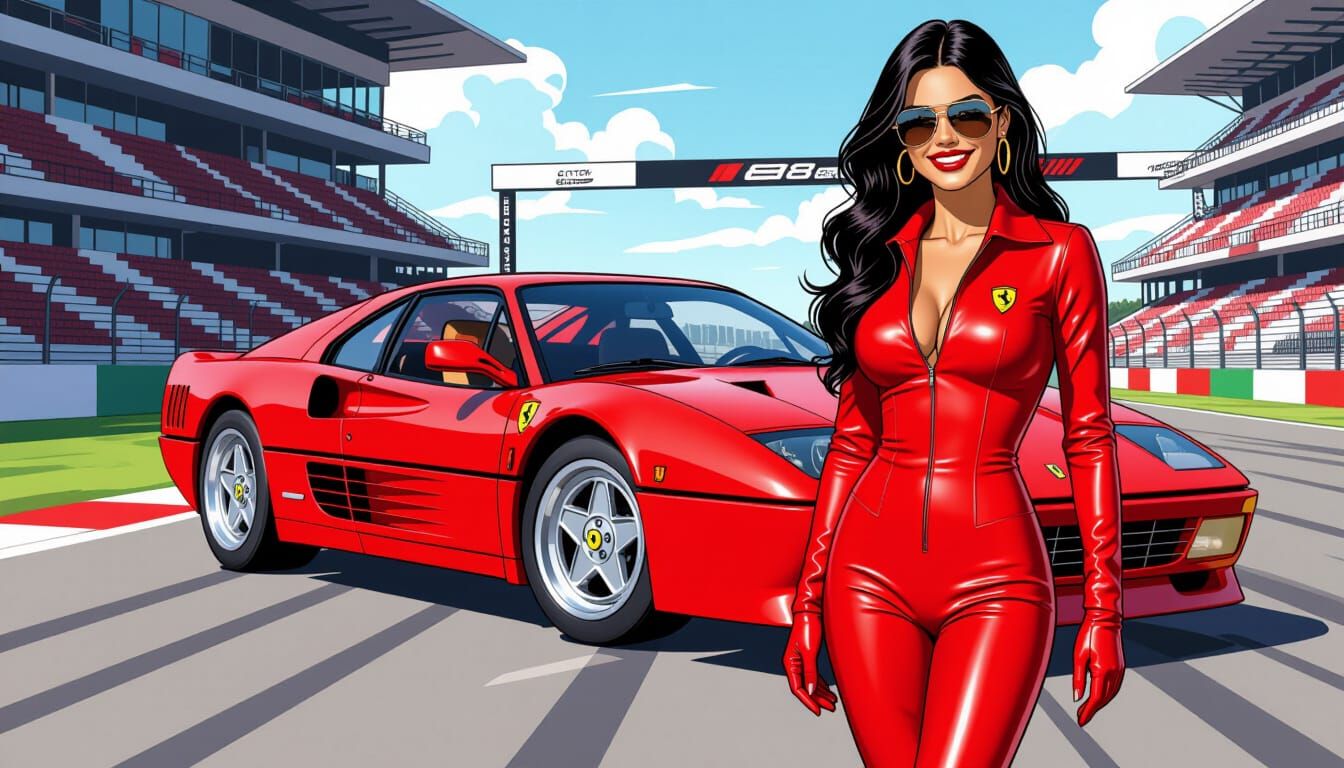 Italian Model in Red Catsuit at Monza, Comic Book Style