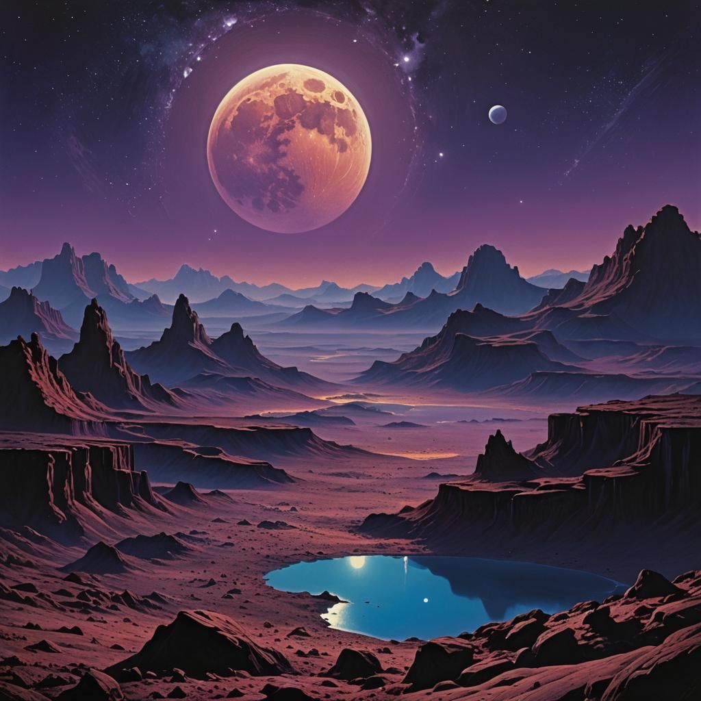 Twin Moons Over Alien Landscape in Sci-Fi Realism