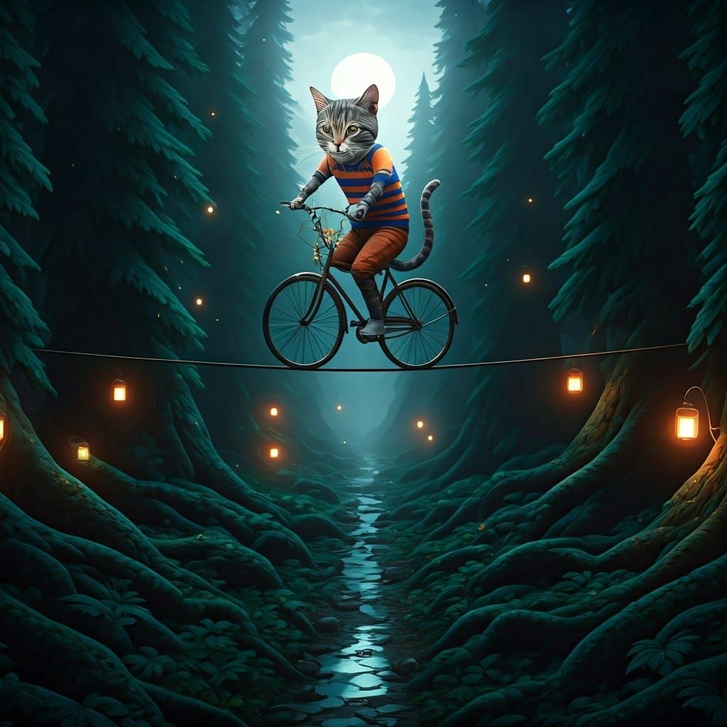 Cat-Elephant Hybrid Rides Tightrope in Moonlit Forest