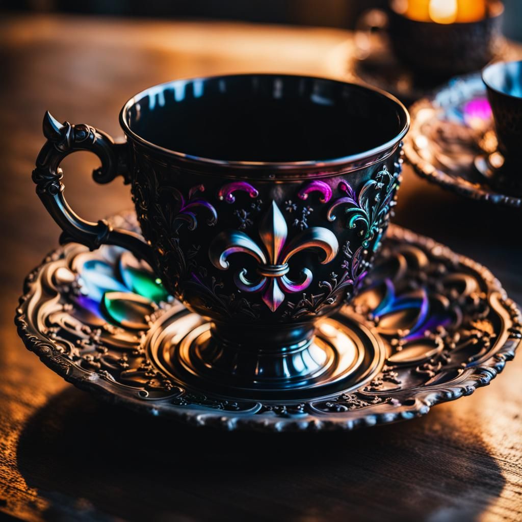 Ornate Fleur de Lis on Metal Teacup Table