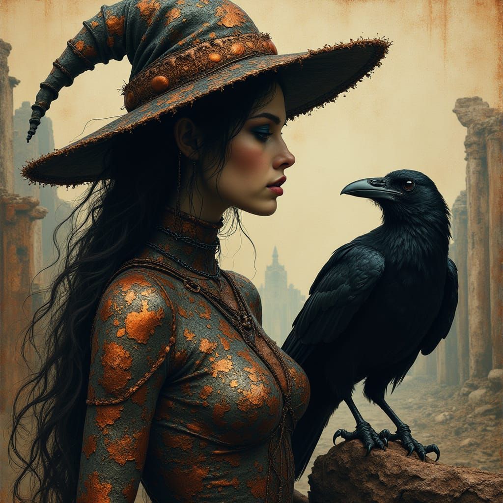 Black Witch and Raven in Decaying City