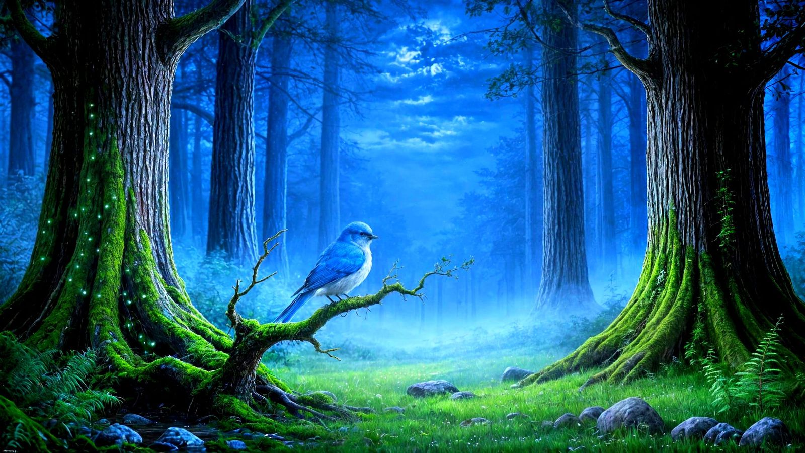 A serene forest clearing bathed in ethereal moonlight, where...