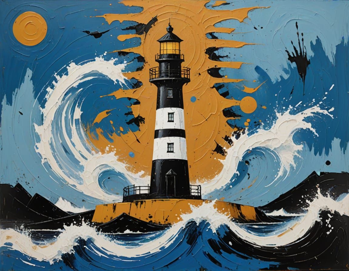Abstract Expressionist Lighthouse Painting with Vivid Colors