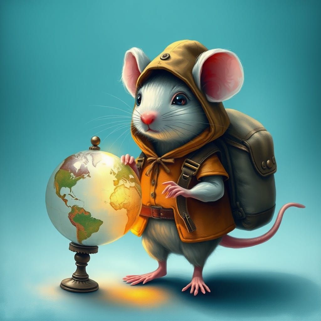 Whimsical Mouse Holds Enchanted Globe in Dreamlike Fantasy S...