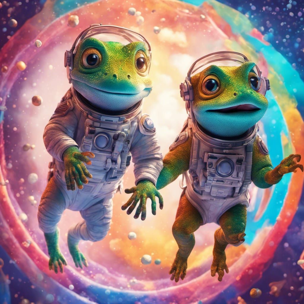 Gecko Astronaut Jumping in Space: 3D Digital Art