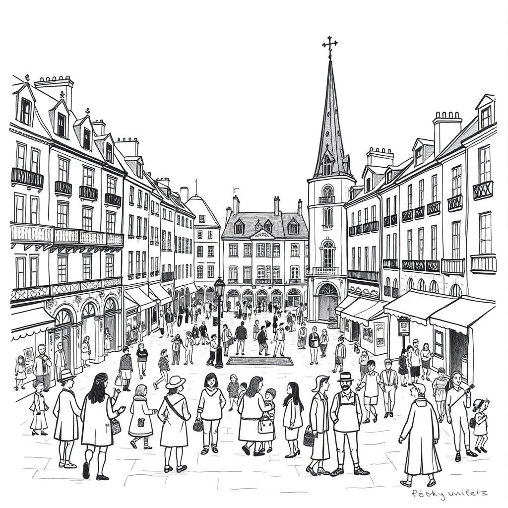 French City Square in Pencil Doodle Style