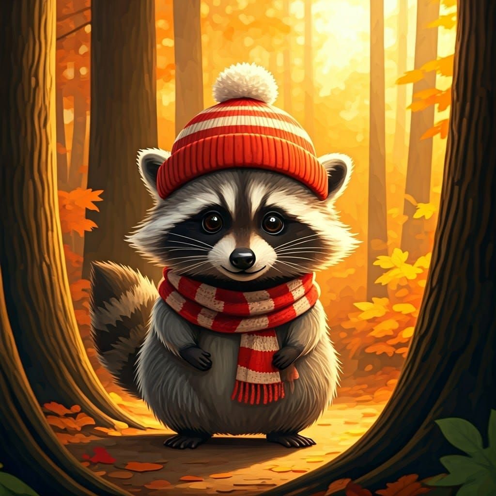 Raccoon in Autumn Forest, Beatrix Potter Style