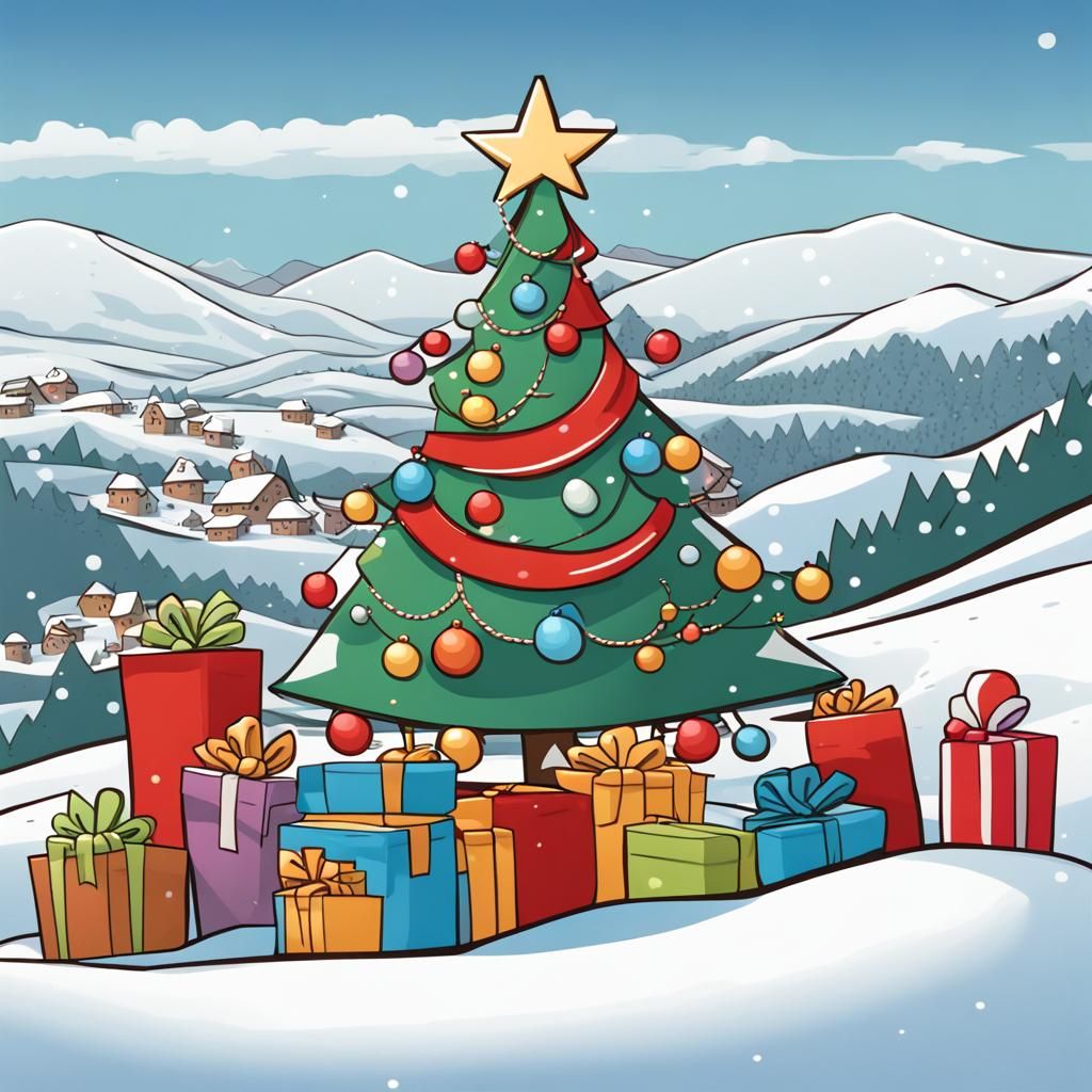 Cartoon Christmas Tree with Presents in Snowy Landscape