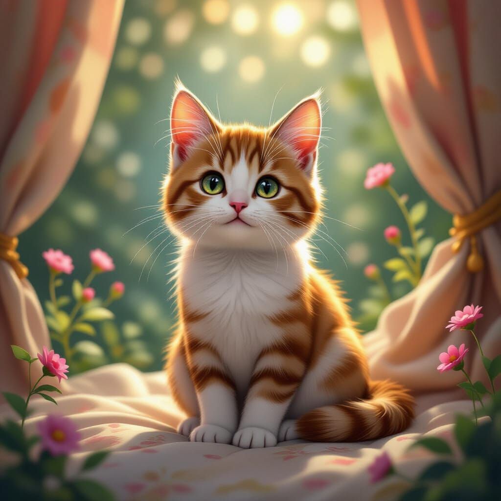 Whimsical Cat in a Murakami-Inspired Dreamscape