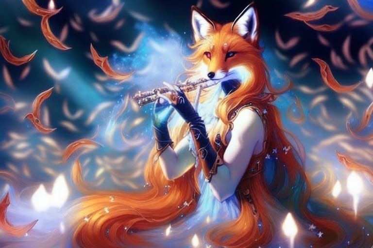 Fox Flautist in Fantasy Style with Astral Winds