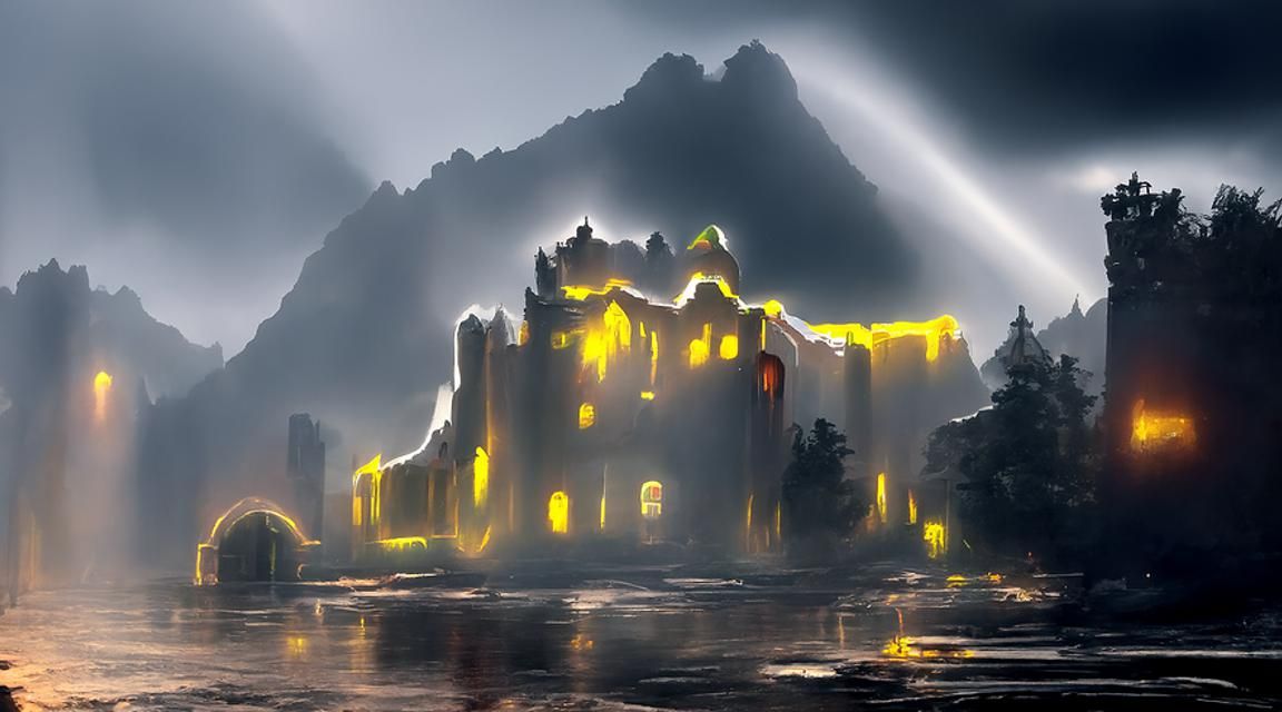 Neon Castle in the Afterlife: Bierstadt Style
