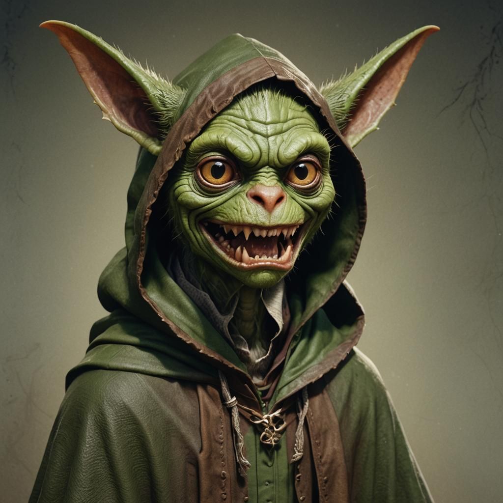 Green-Skinned Gremlin Portrait in Detailed Matte Painting