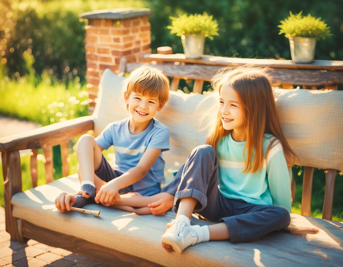 Impressionistic Portrait of Siblings in Garden