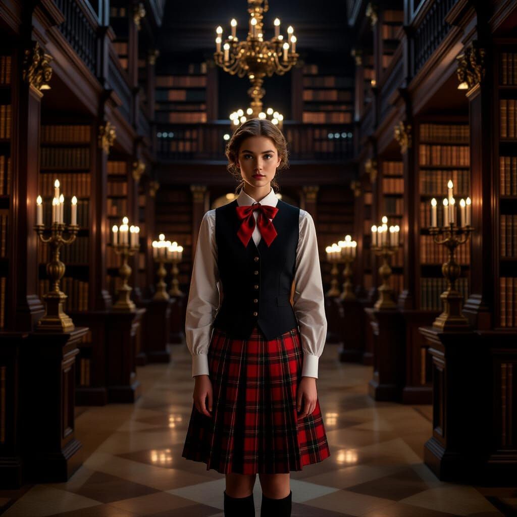 Figure in Grand Baroque Library with Candlelight Glow