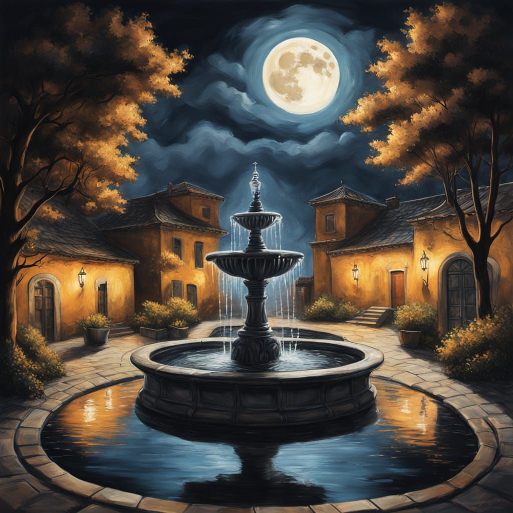 Moonlit Fountain Charcoal Drawing in Gouache Style