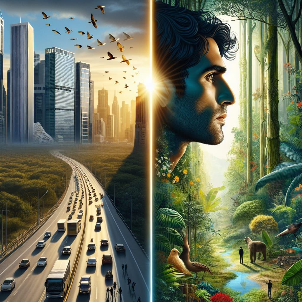 Man Between Cityscape and Tropical Nature