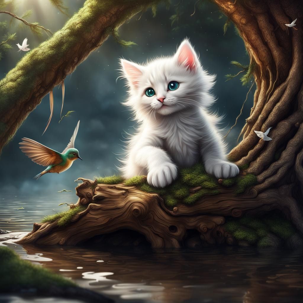 Kitten in Tree Stump, Detailed Matte Painting