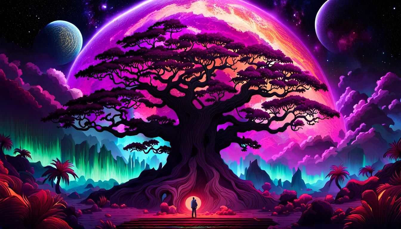 Iridescent Purple Tree in Holographic Rainforest Storm