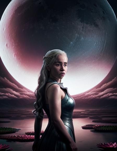 Emilia Clarke Cyberpunk Selfie with Floating Lotuses