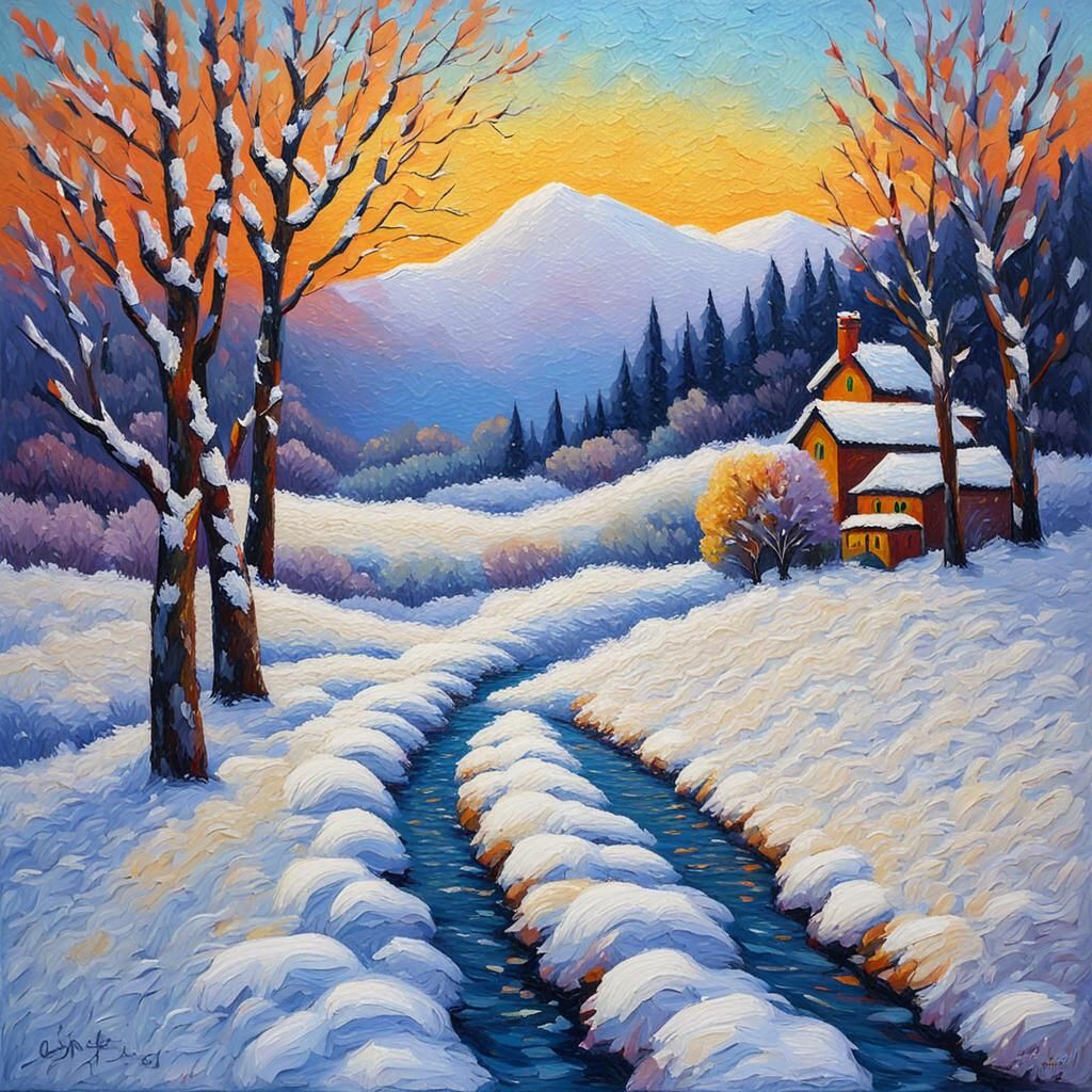 Snowy Landscape in Expressionist Impasto Style