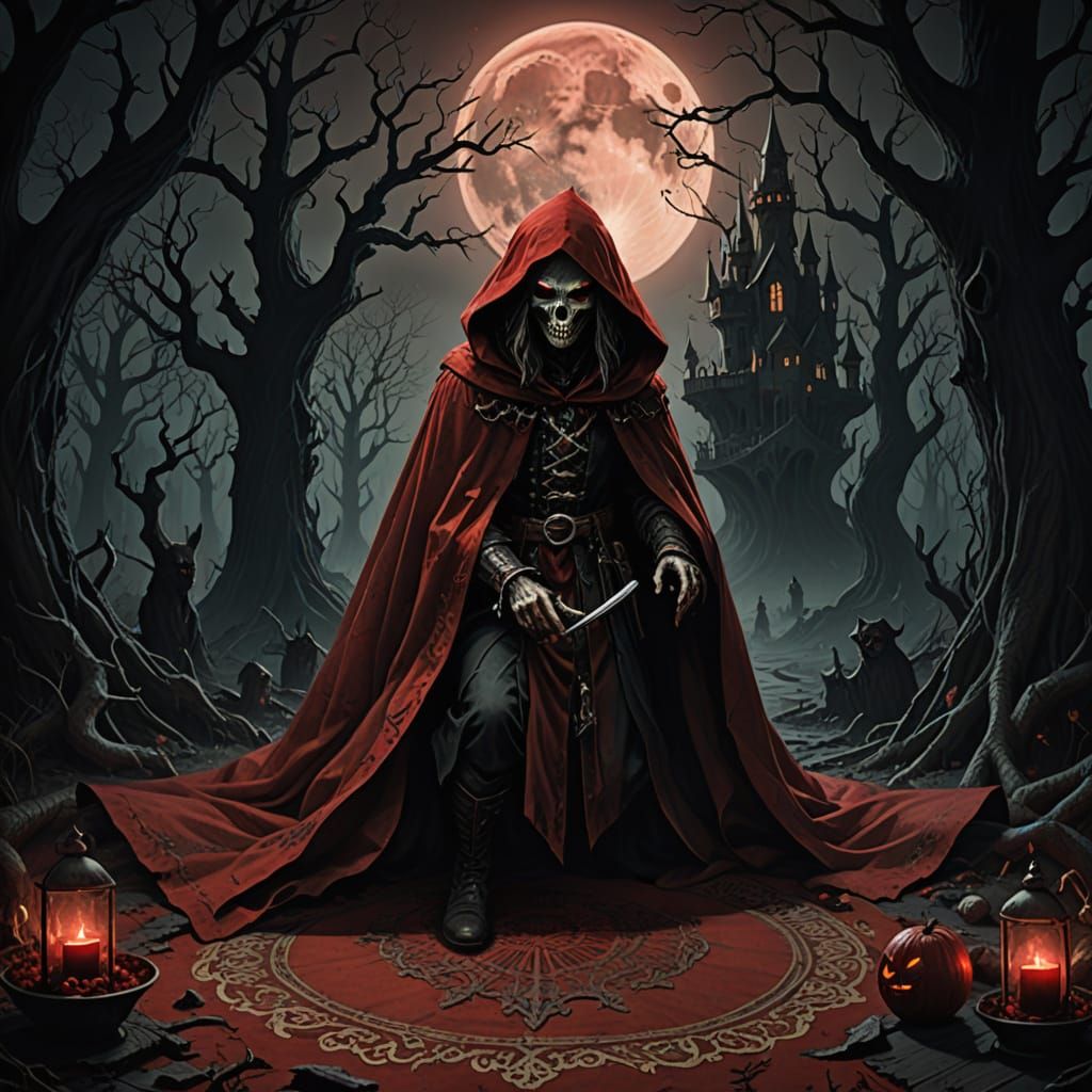 Demon and Little Red Riding Hood on Magic Carpet Under Blood...