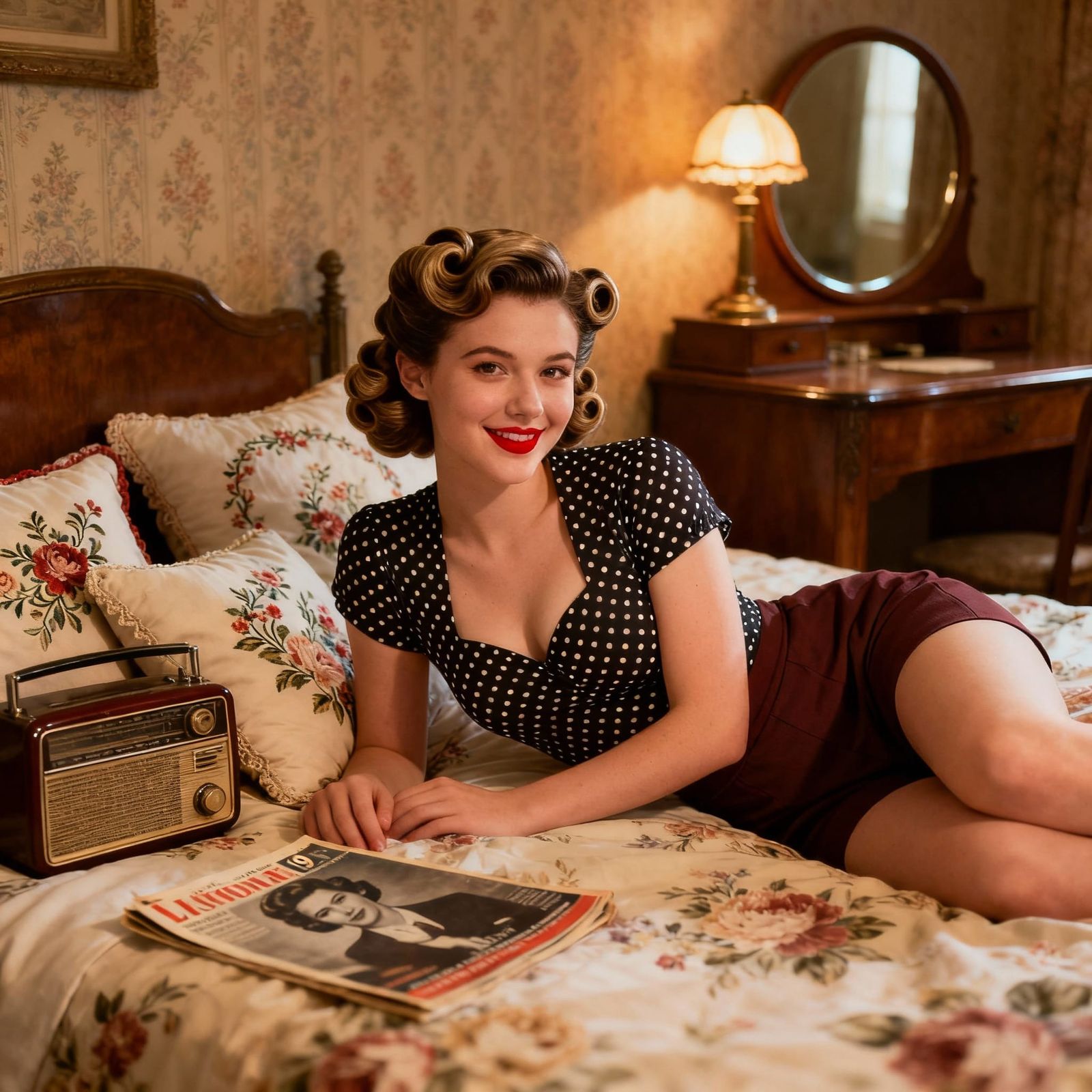 1940s Pin-Up Style Woman on Vintage Bed