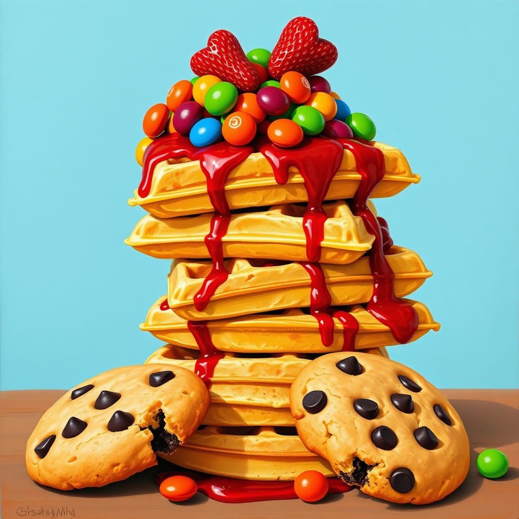 Colorful Waffles with Skittles and Strawberry Syrup in Whims...