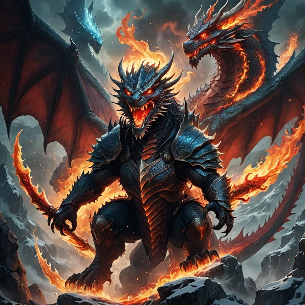 Warrior on Fire-Breathing Dragon in Mystical Realm