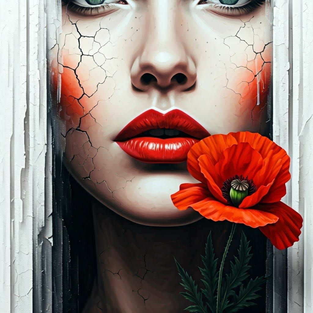 Woman with Red Lips and Poppy in a Faded, Cracked Portrait