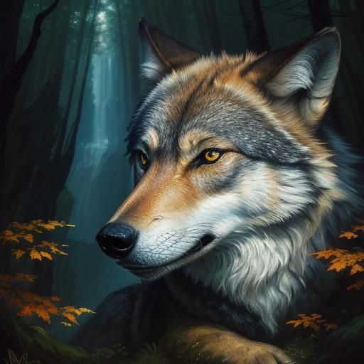 Wolf Portrait in Forest, Hudson River School Style