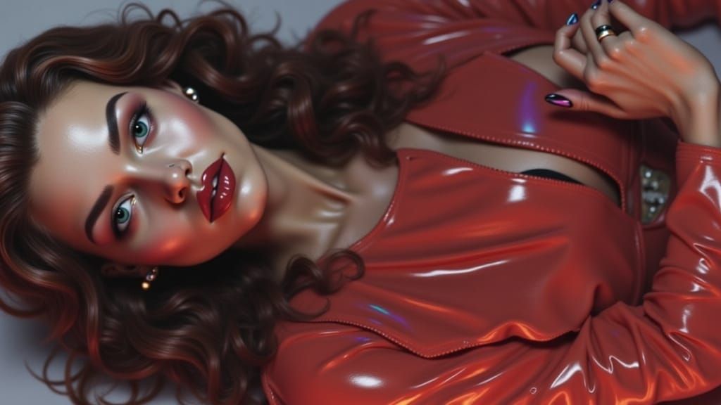 Red-Haired Cyborg Pinup Lady in Mirror Hallway